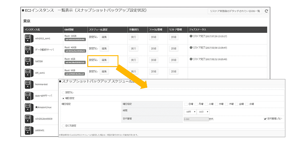 EC2起動停止/スケジューリングの画面イメージ